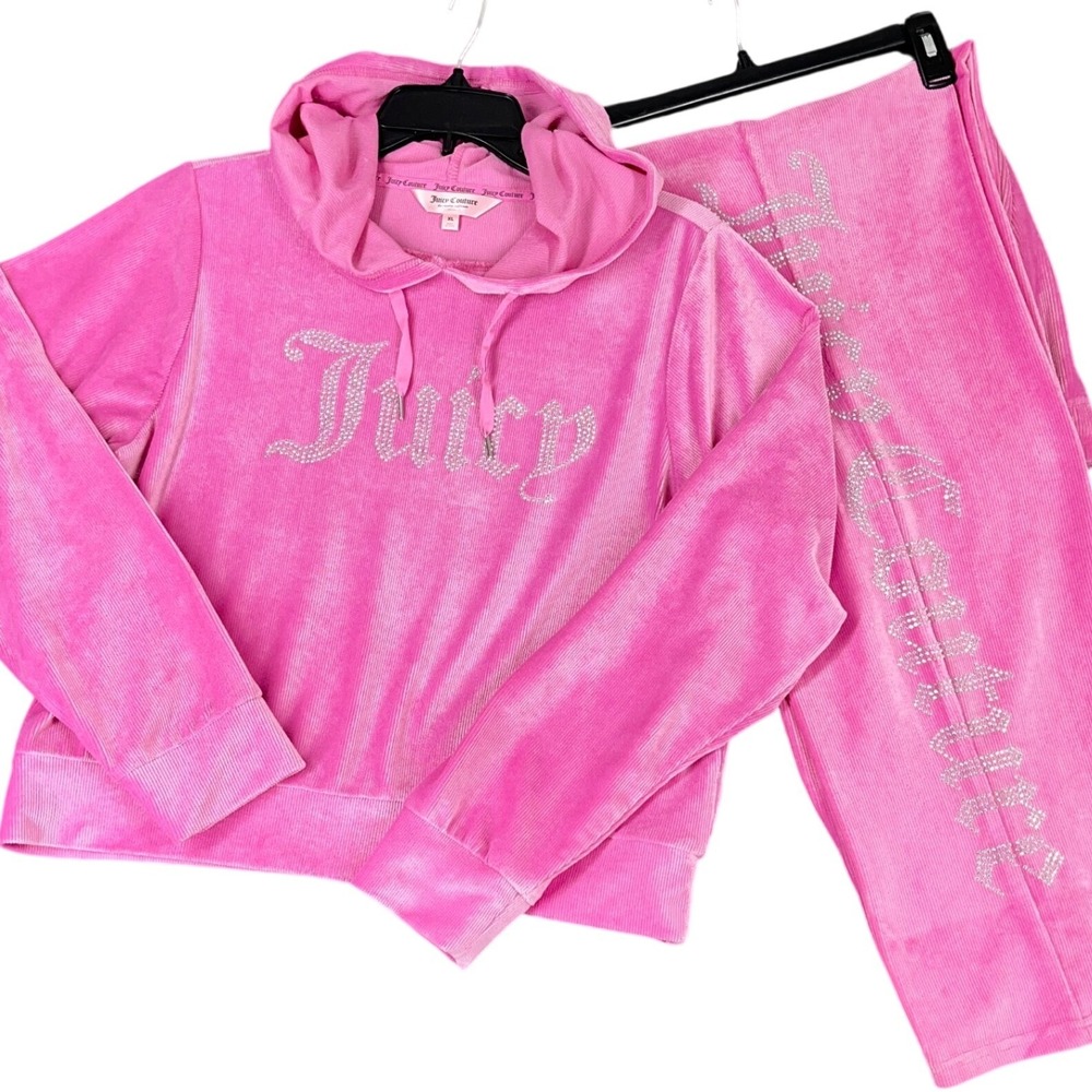 Juicy Couture Rhinestone Tracksuit Womens XL Ribbed Velour‎ Lounge Sleepwear Set